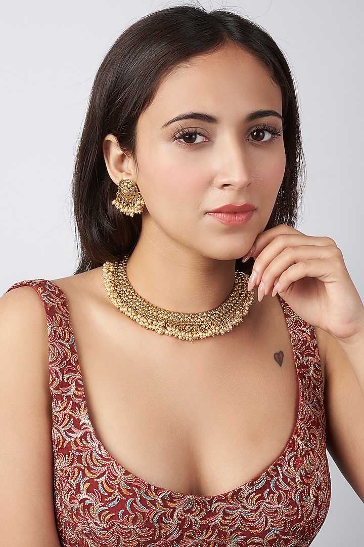Gold Finish Pearl Choker Temple Necklace Set by VASTRAA Jewellery at Pernia's Pop Up Shop