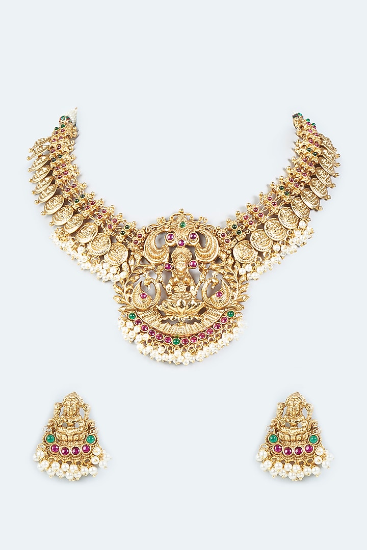 Gold Finish Pearl Temple Necklace Set by VASTRAA Jewellery at Pernia's Pop Up Shop
