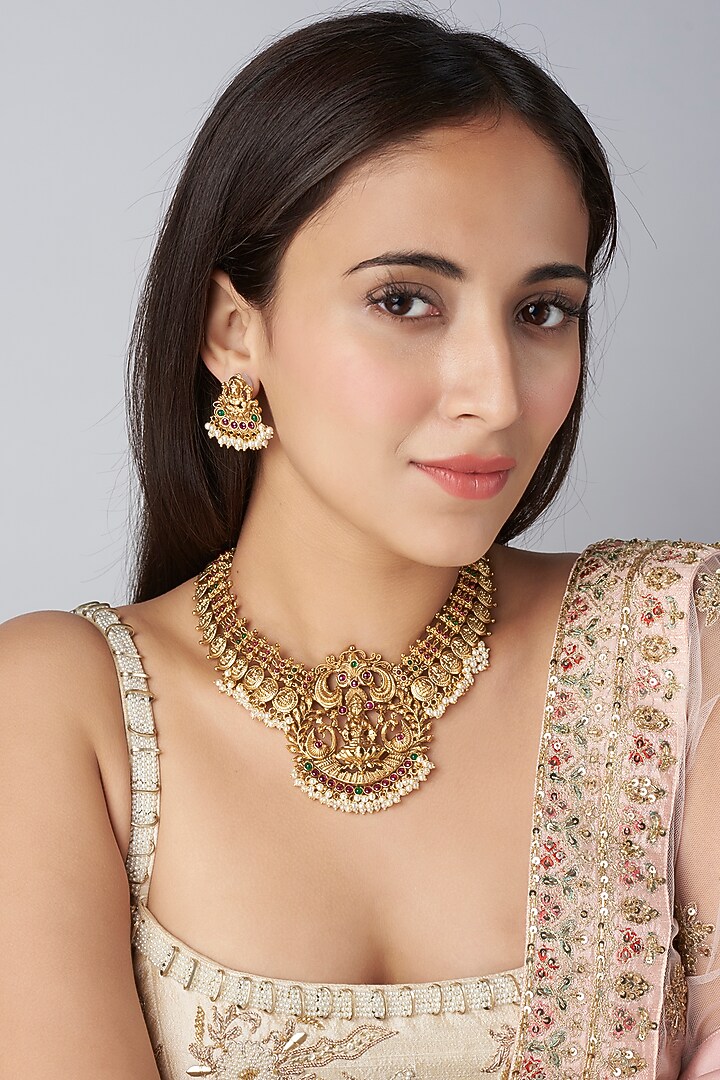 Gold Finish Pearl Temple Necklace Set by VASTRAA Jewellery at Pernia's Pop Up Shop
