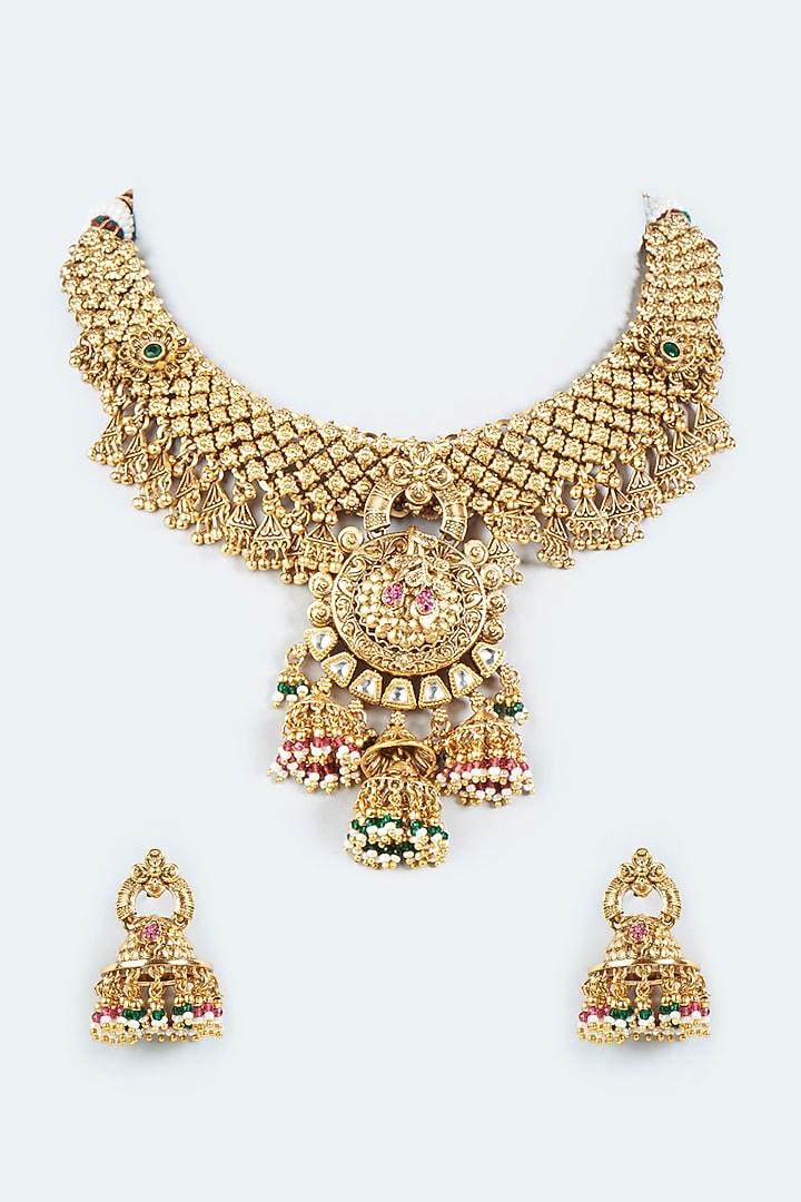 Gold Finish Synthetic Stones Necklace Set Design by VASTRAA Jewellery