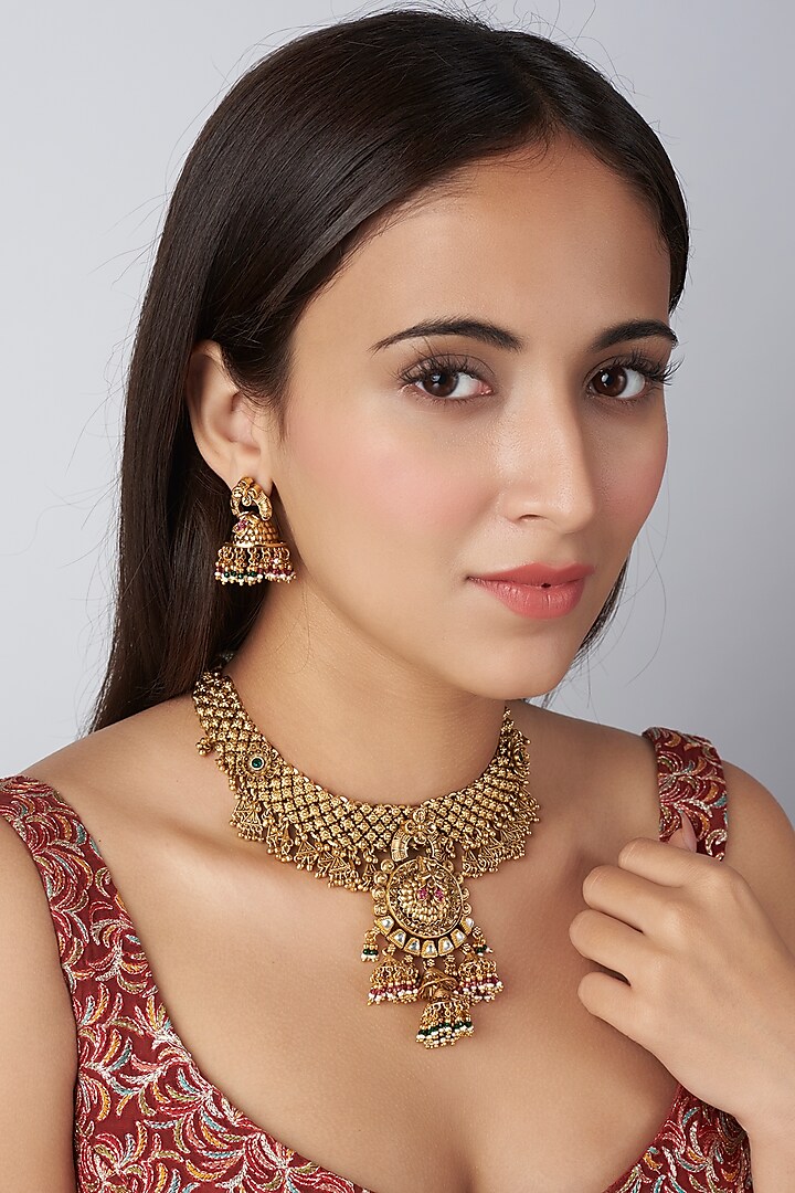 Gold Finish Synthetic Stone Temple Necklace Set by VASTRAA Jewellery