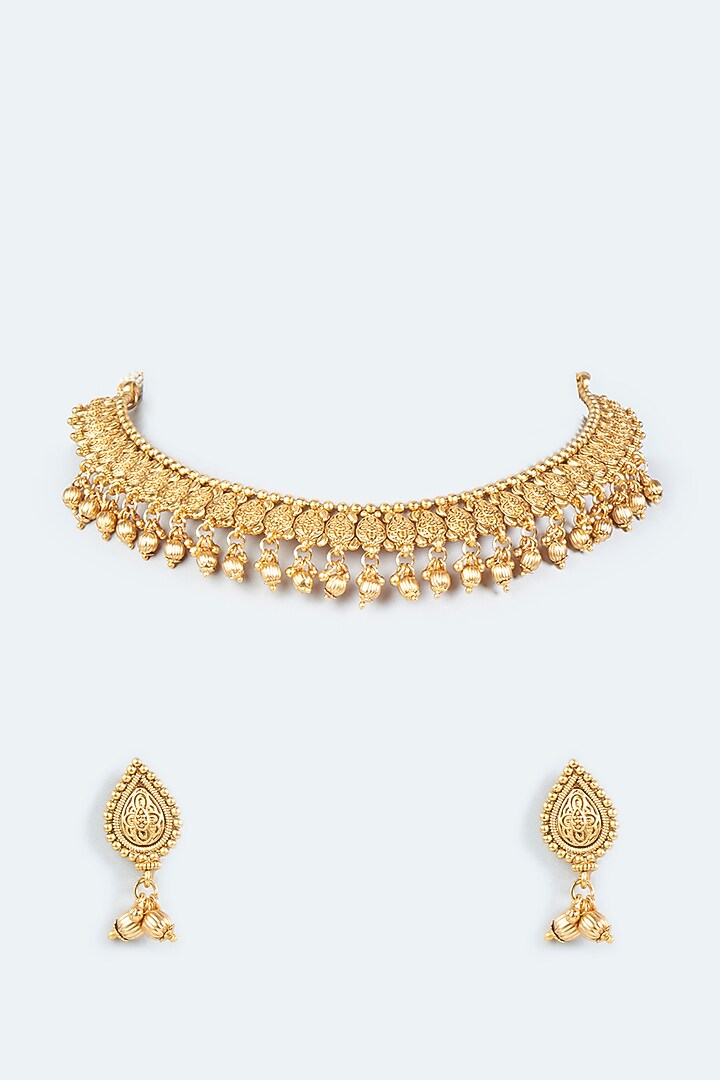 Gold Finish Pearl Temple Necklace Set by VASTRAA Jewellery at Pernia's Pop Up Shop
