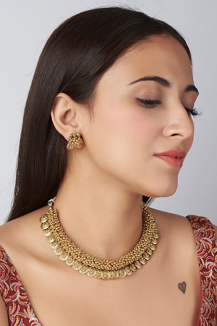 Gold Finish Ruby Stone Necklace Set by VASTRAA Jewellery at Pernia's Pop Up Shop