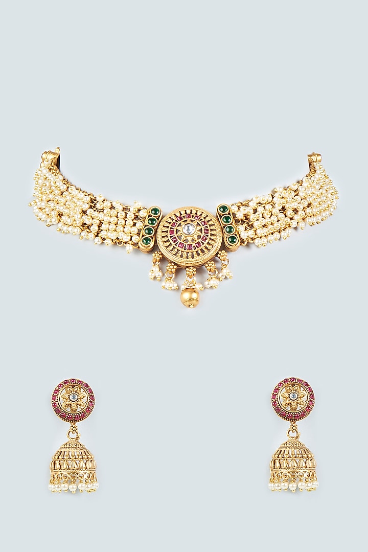 Gold Finish Synthetic Stone & Pearl Choker Necklace Set by VASTRAA Jewellery