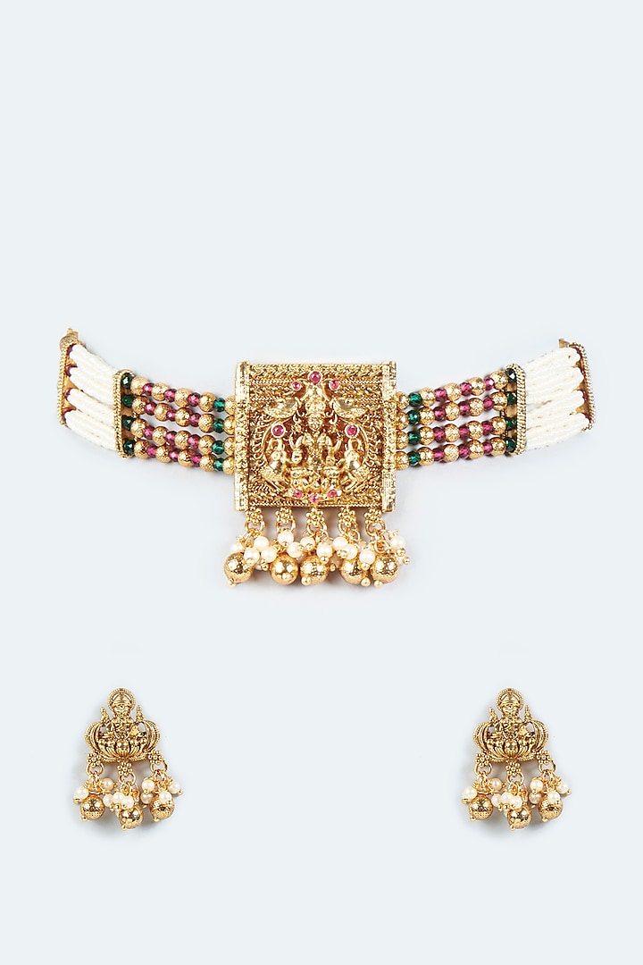 Gold Finish Synthetic Stone & Pearl Temple Choker Necklace Set by VASTRAA Jewellery