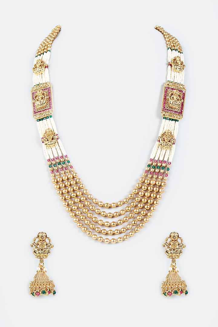 Gold Finish Temple Synthetic Stone & Pearl Temple Necklace Set by VASTRAA Jewellery at Pernia's Pop Up Shop