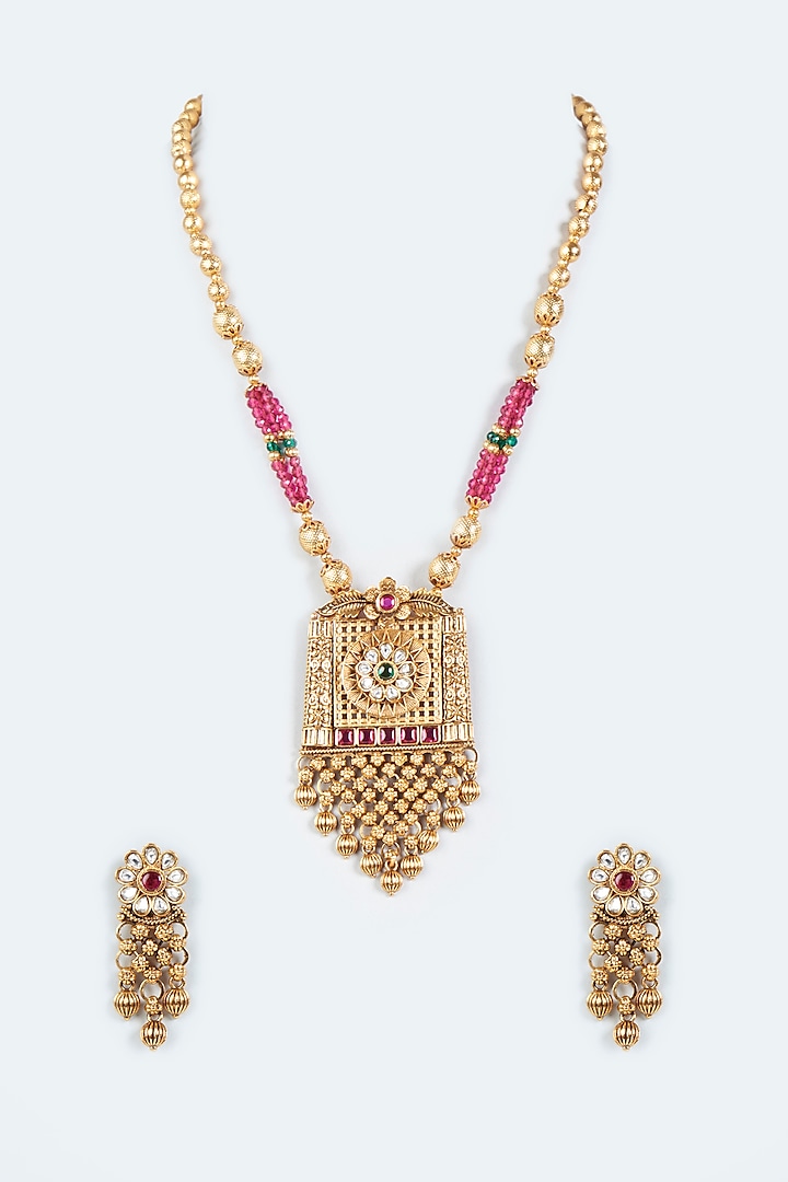 Gold Finish Temple Synthetic Stone & Pearl Temple Necklace Set by VASTRAA Jewellery