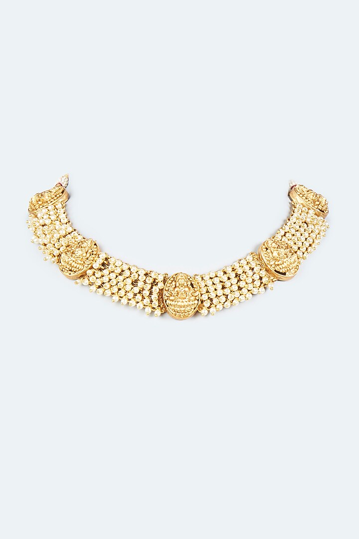 Gold Finish Pearl Temple Necklace Set by VASTRAA Jewellery at Pernia's Pop Up Shop