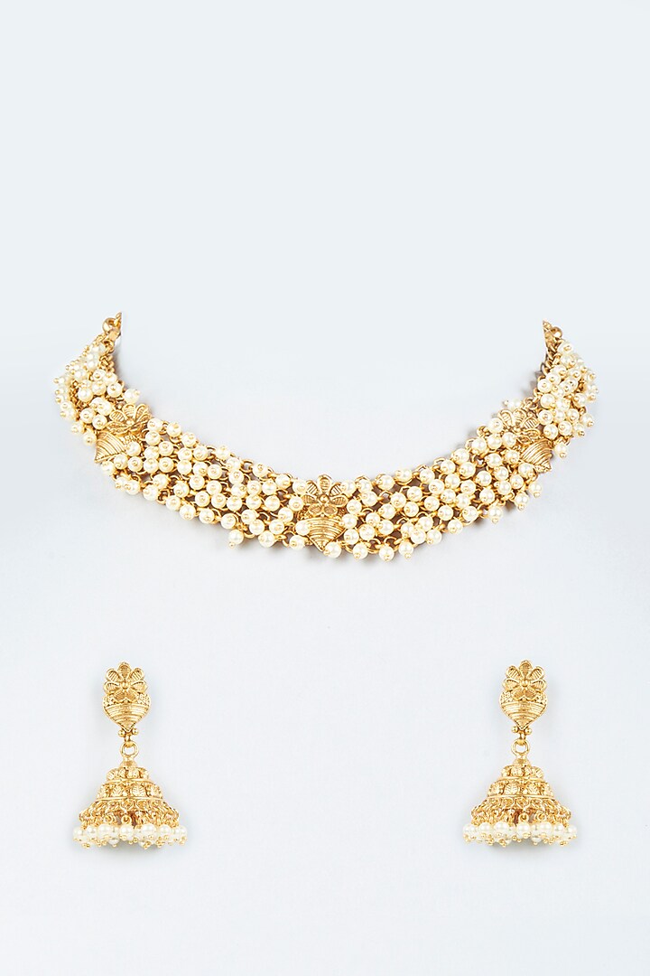 Gold Finish Pearl Temple Necklace Set by VASTRAA Jewellery at Pernia's Pop Up Shop