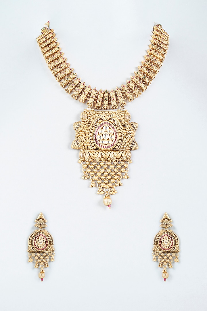 Gold Finish Temple Necklace Set by VASTRAA Jewellery