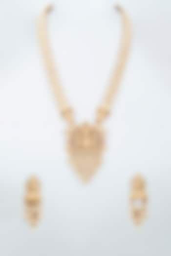 Gold Finish Pearl Temple Necklace Set by VASTRAA Jewellery