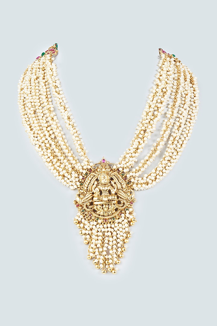 Gold Finish Pearl Temple Necklace Set by VASTRAA Jewellery at Pernia's Pop Up Shop