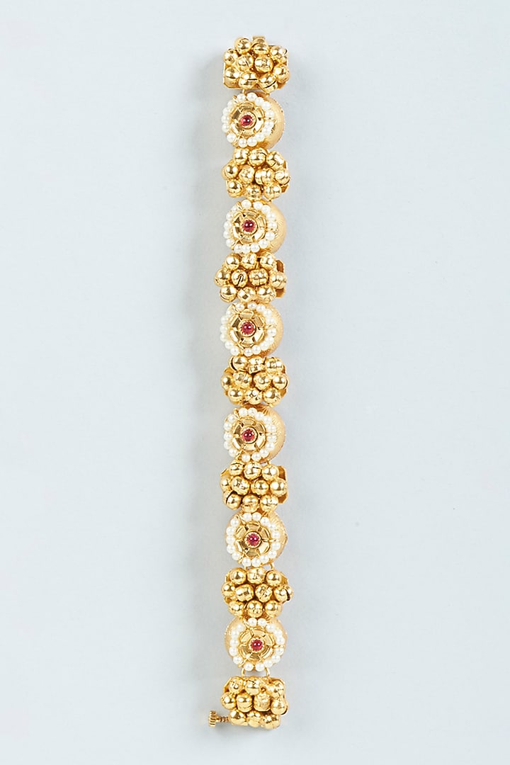 Gold Finish Red Synthetic Stone & Pearl Temple Bracelet by VASTRAA Jewellery at Pernia's Pop Up Shop