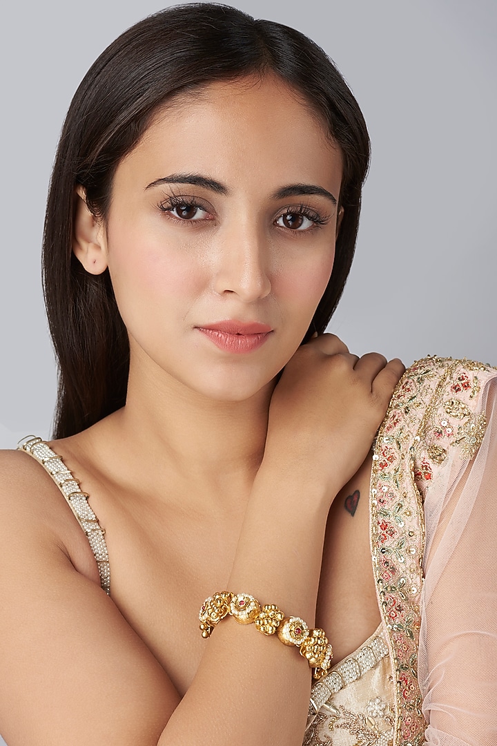 Gold Finish Red Synthetic Stone & Pearl Temple Bracelet by VASTRAA Jewellery at Pernia's Pop Up Shop