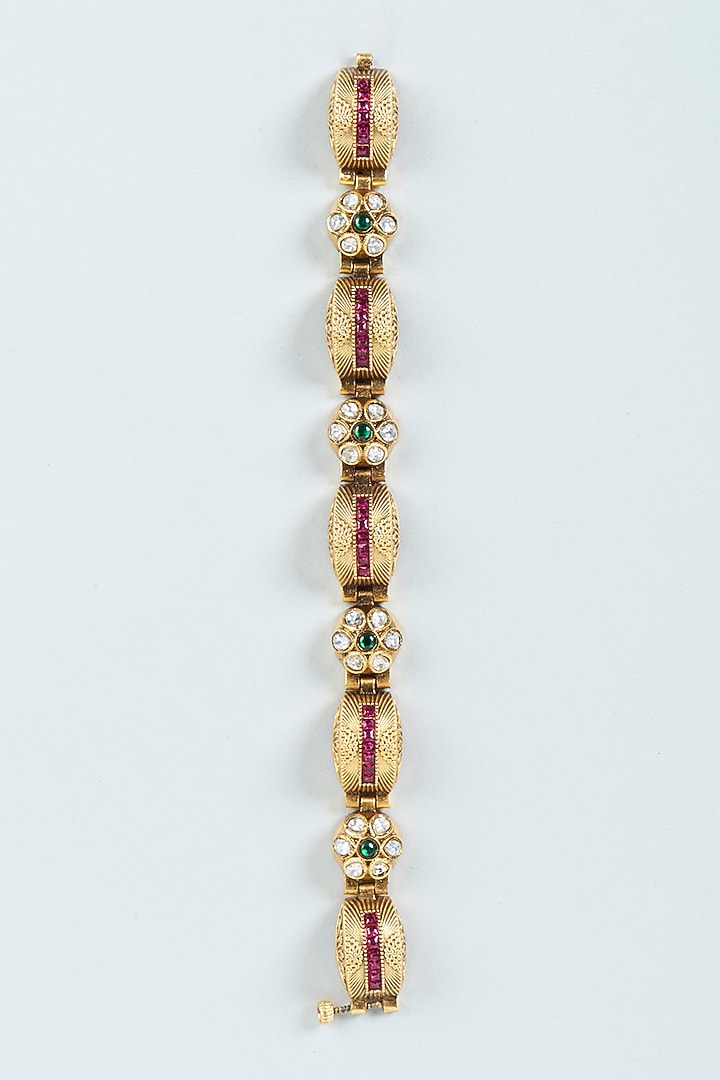 Gold Finish Red Synthetic Stone & Pearl Temple Bracelet by VASTRAA Jewellery at Pernia's Pop Up Shop