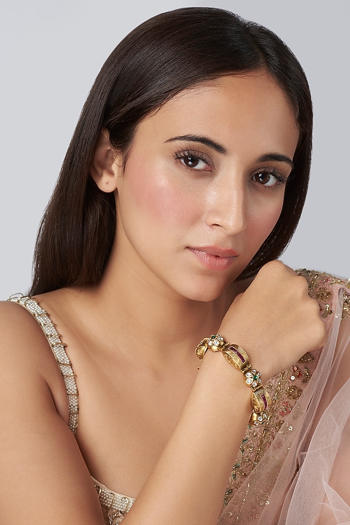 Gold Finish Red Synthetic Stone & Pearl Temple Bracelet by VASTRAA Jewellery at Pernia's Pop Up Shop