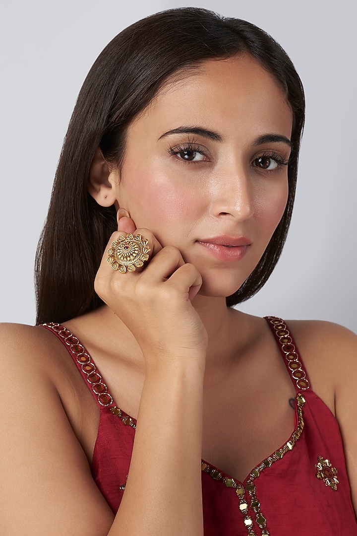 Gold Finish Pink Stone Ring by VASTRAA Jewellery at Pernia's Pop Up Shop