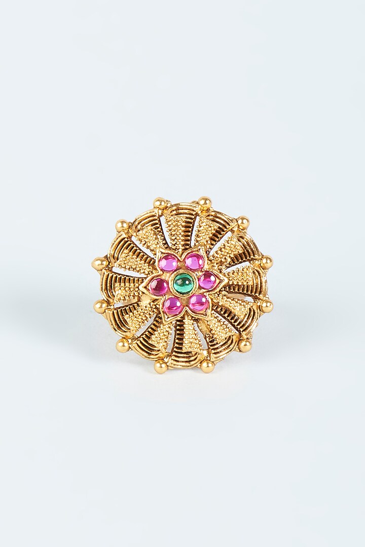 Gold Finish Pink & Green Synthetic Stone Ring by VASTRAA Jewellery at Pernia's Pop Up Shop