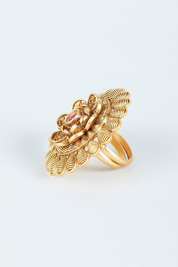 Gold Finish Pink & Green Synthetic Stone Ring by VASTRAA Jewellery at Pernia's Pop Up Shop