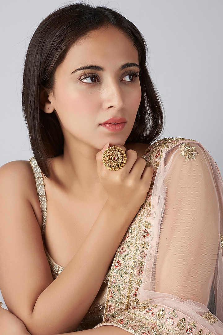 Gold Finish Pink & Green Synthetic Stone Ring by VASTRAA Jewellery at Pernia's Pop Up Shop