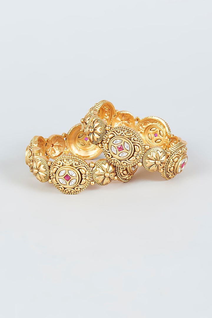 Gold Finish Openable Broad Bangles (Set of 2) by VASTRAA Jewellery at Pernia's Pop Up Shop