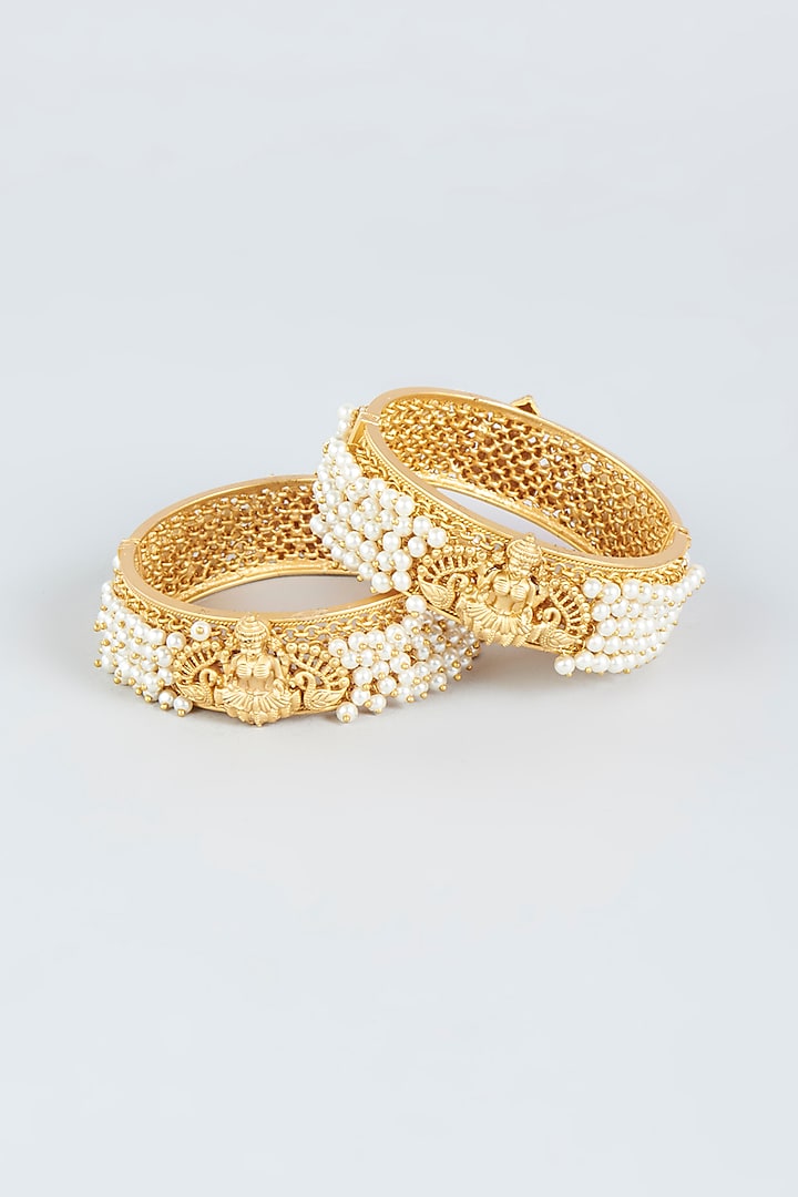 Gold Finish Bangles With Pearls (Set of 2) by VASTRAA Jewellery