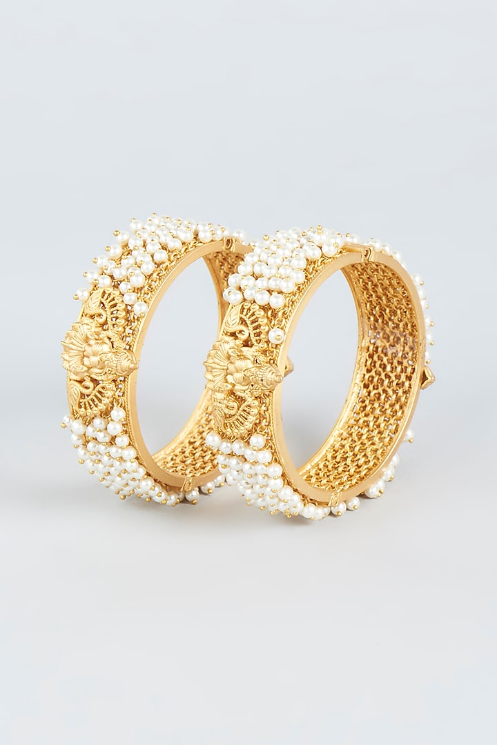 Gold Finish Pearl Temple Bangles (Set of 2) by VASTRAA Jewellery