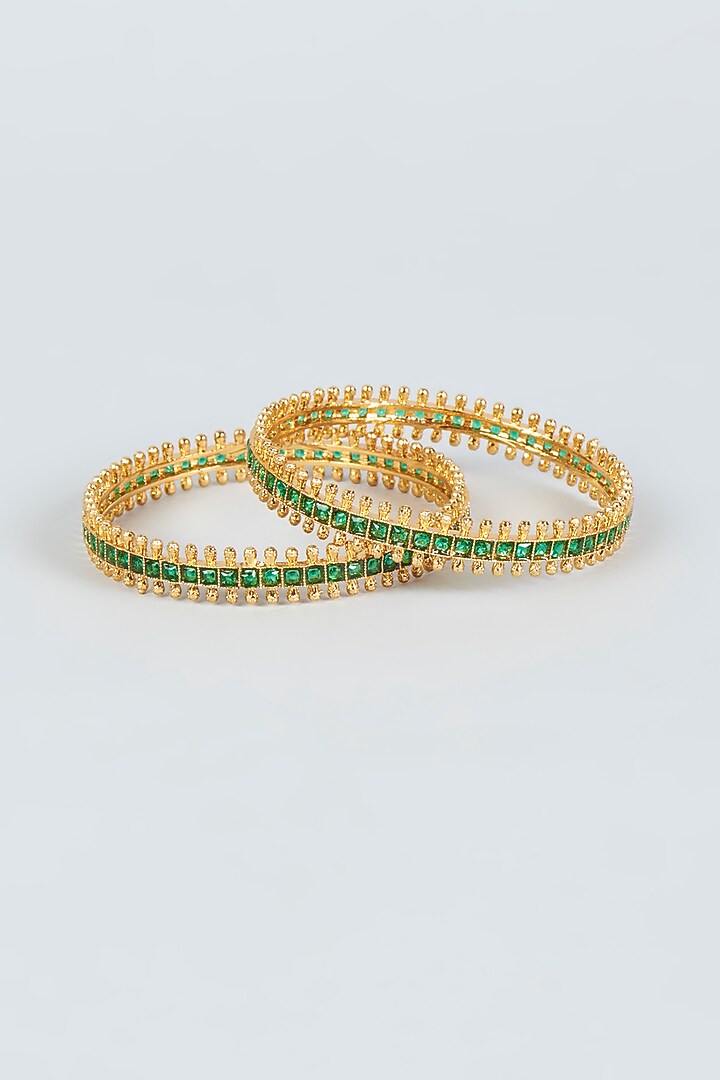 Gold Finish Synthetic Emerald Stone Bangles (Set of 2) by VASTRAA Jewellery at Pernia's Pop Up Shop