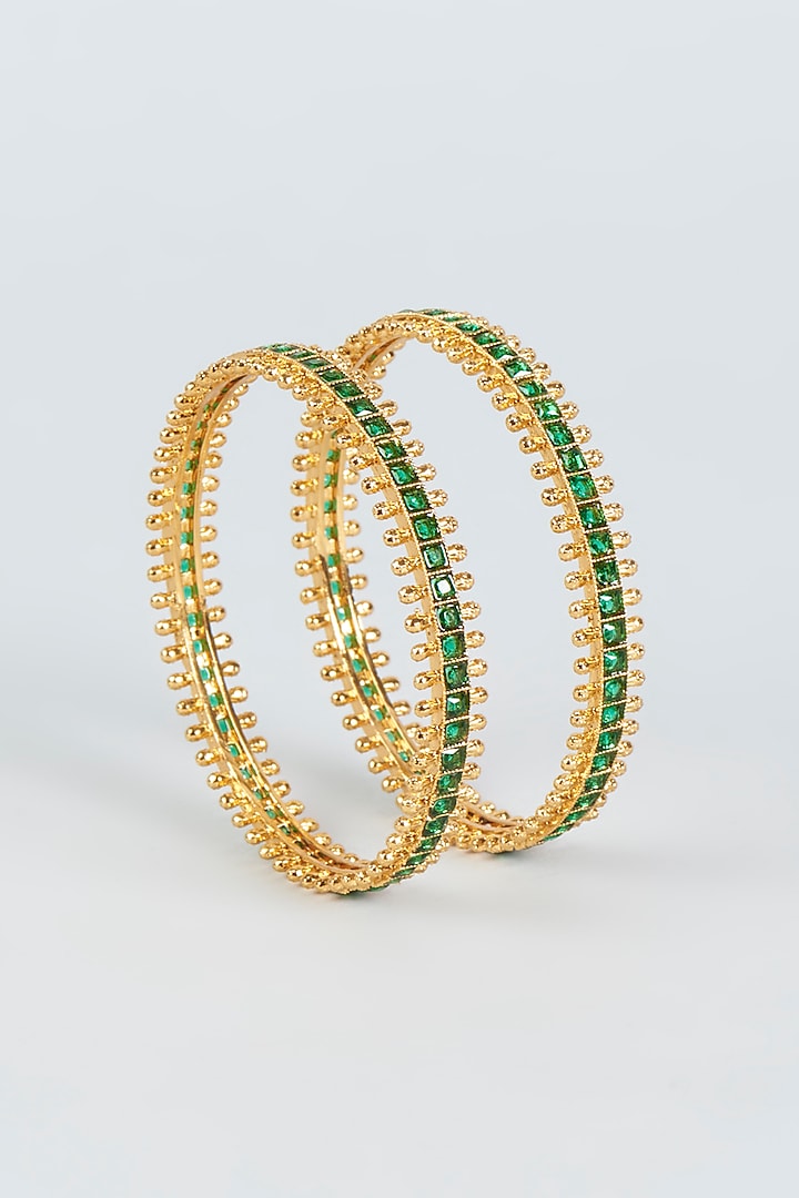 Gold Finish Synthetic Emerald Stone Bangles (Set of 2) by VASTRAA Jewellery