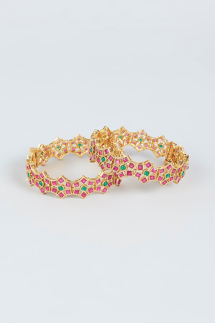 Gold Finish Multi-Colored Stone Bangles (Set of 2) by VASTRAA Jewellery at Pernia's Pop Up Shop