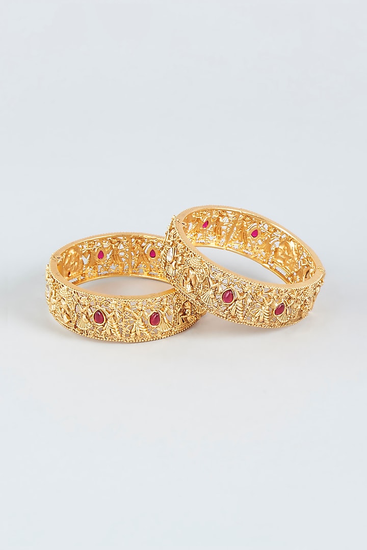 Gold Finish Openable Temple Broad Bangles (Set of 2) by VASTRAA Jewellery at Pernia's Pop Up Shop