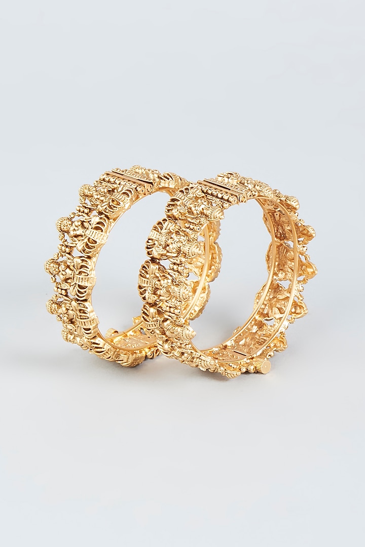 Gold Finish Temple Openable Broad Bangles (Set of 2) by VASTRAA Jewellery