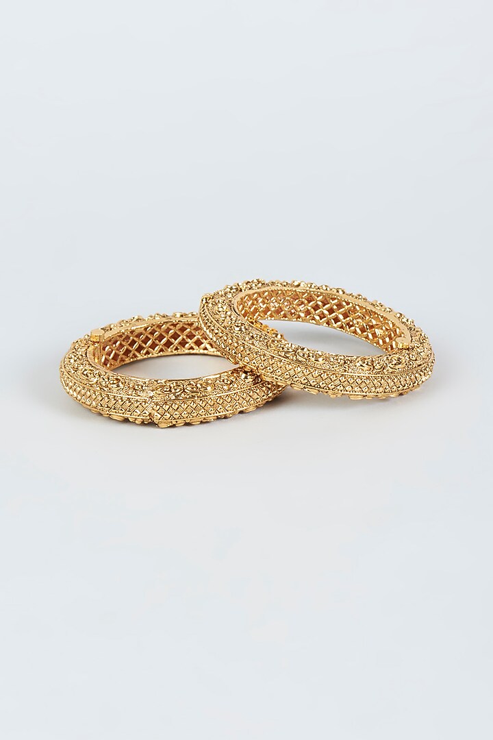 Gold Finish Temple Openable Bangles (Set of 2) by VASTRAA Jewellery at Pernia's Pop Up Shop