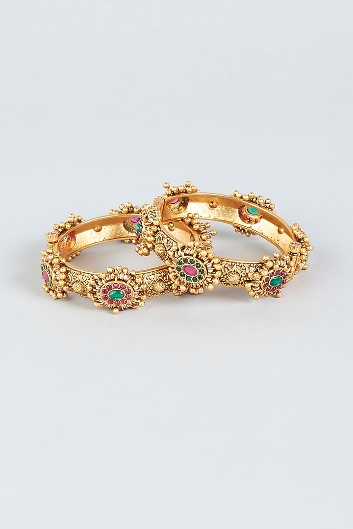 Gold Finish Temple Openable Bangles (Set of 2) by VASTRAA Jewellery at Pernia's Pop Up Shop