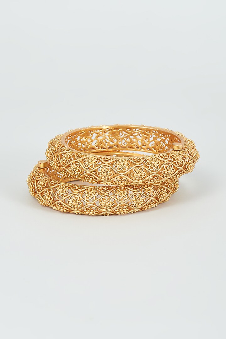 Gold Finish Temple Bangles (Set Of 2) by VASTRAA Jewellery at Pernia's Pop Up Shop