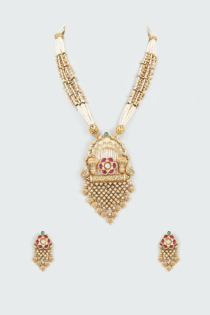 Gold Finish Pearl Long Temple Necklace Set by VASTRAA Jewellery at Pernia's Pop Up Shop
