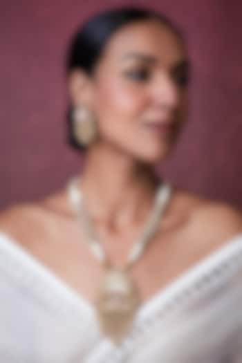 Gold Finish Pearl Long Temple Necklace Set by VASTRAA Jewellery at Pernia's Pop Up Shop