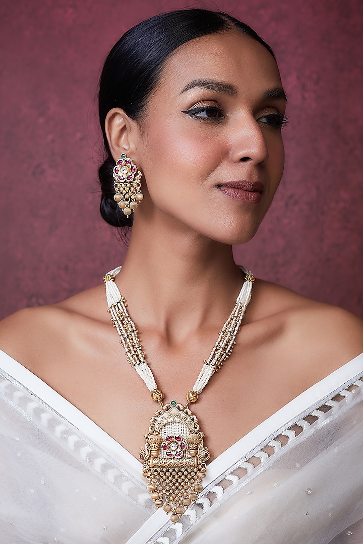 Gold Finish Pearl Long Temple Necklace Set by VASTRAA Jewellery