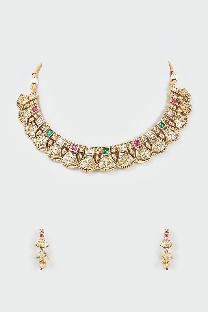 Gold Finish Kundan Polki & Multi-Colored Stone Temple Necklace Set by VASTRAA Jewellery at Pernia's Pop Up Shop