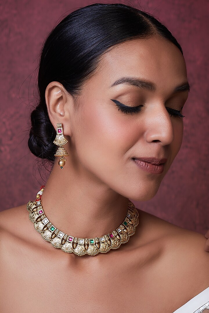 Gold Finish Kundan Polki & Multi-Colored Stone Temple Necklace Set by VASTRAA Jewellery at Pernia's Pop Up Shop