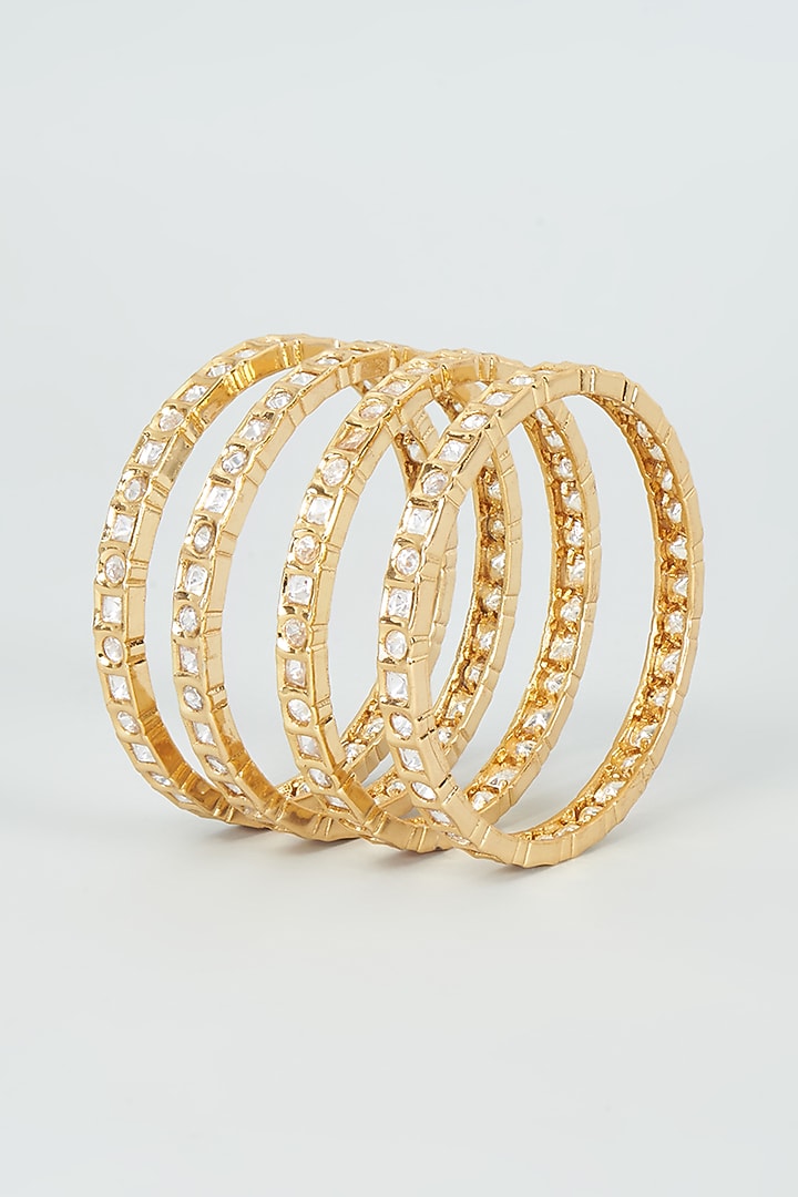 Gold Finish Kundan Polki Bangles (Set of 4) by VASTRAA Jewellery at Pernia's Pop Up Shop