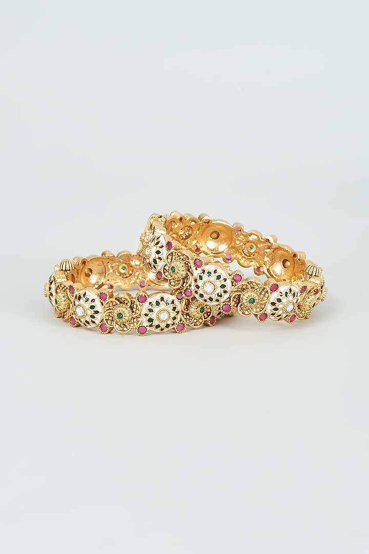 Gold Finish Kundan Polki Bangles (Set Of 2) by VASTRAA Jewellery at Pernia's Pop Up Shop