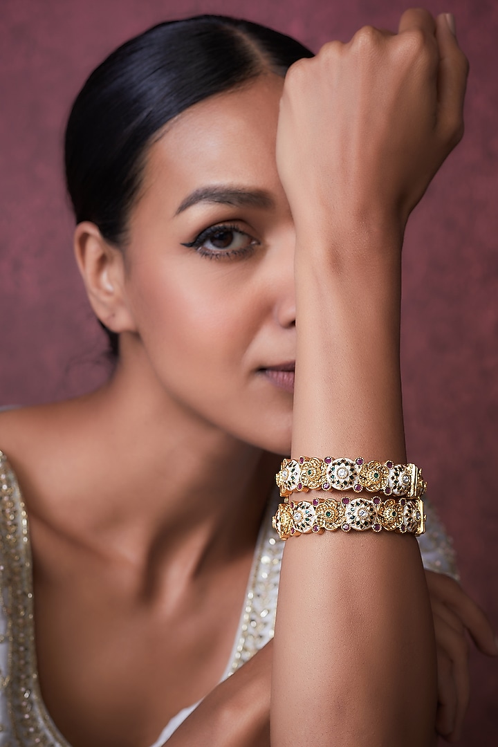 Gold Finish Kundan Polki Bangles (Set Of 2) by VASTRAA Jewellery at Pernia's Pop Up Shop