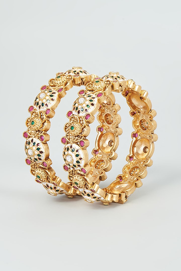 Gold Finish Kundan Polki Bangles (Set Of 2) by VASTRAA Jewellery at Pernia's Pop Up Shop