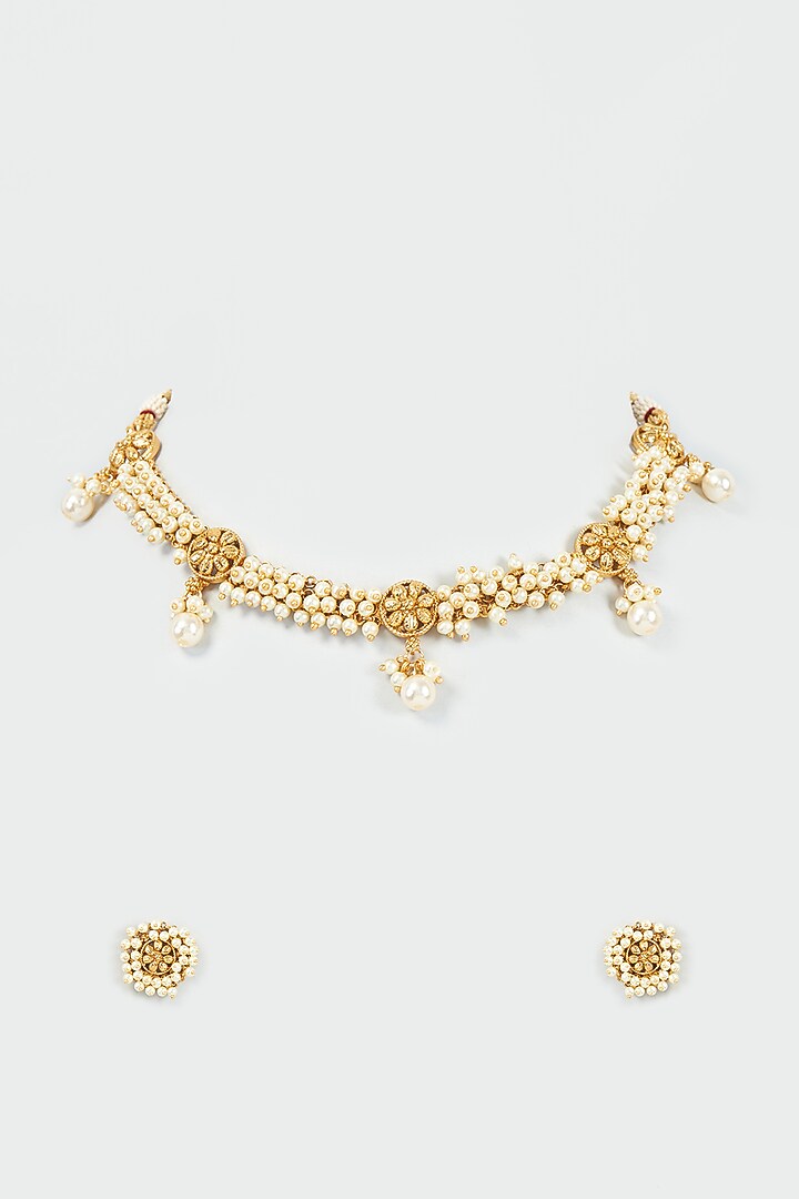 Gold Finish Pearl Temple Choker Necklace Set by VASTRAA Jewellery at Pernia's Pop Up Shop