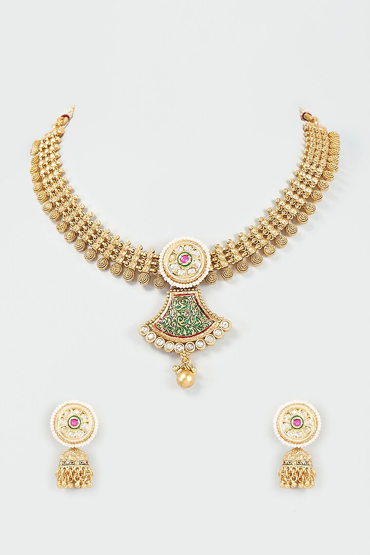 Gold Finish Kundan Polki Temple Choker Necklace Set by VASTRAA Jewellery at Pernia's Pop Up Shop