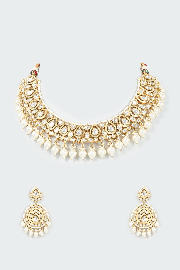 Gold Finish Kundan Polki & Pearl Choker Necklace Set by VASTRAA Jewellery at Pernia's Pop Up Shop