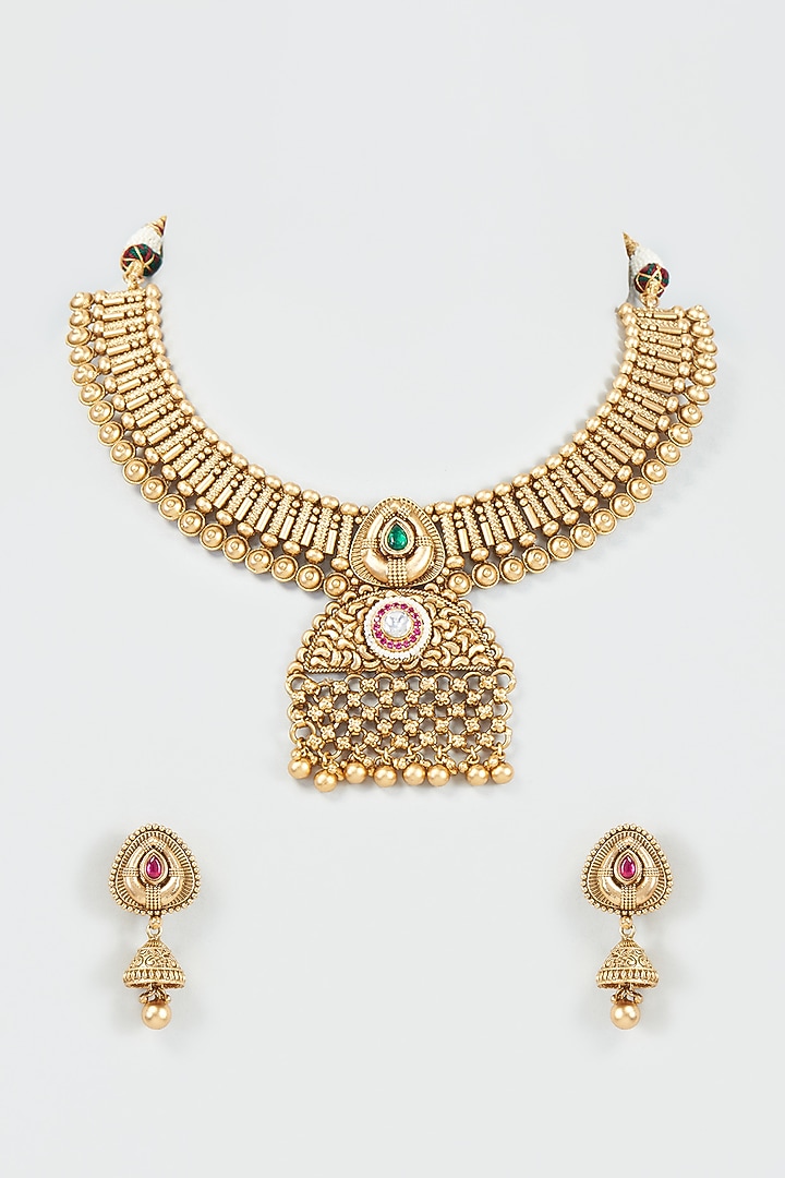 Gold Finish Kundan Polki Temple Choker Necklace Set by VASTRAA Jewellery at Pernia's Pop Up Shop