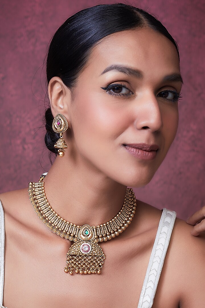 Gold Finish Kundan Polki Temple Choker Necklace Set by VASTRAA Jewellery at Pernia's Pop Up Shop
