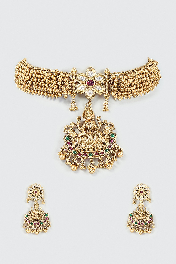 Gold Finish Kundan Polki Temple Choker Necklace Set by VASTRAA Jewellery at Pernia's Pop Up Shop